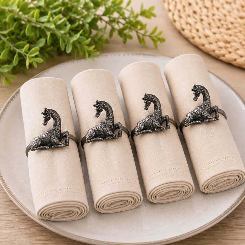 Set of 4 Giraffe Silver Pewter Tone Napkin Holders Metal Napkin Rings NEW